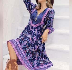 Rusttydustty Blue Floral Print Boho Midi Dress with Tie Neck